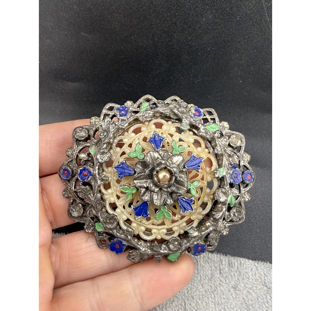 Vintage Enamel Brooch Silver Tone Flower Celluloid Insert